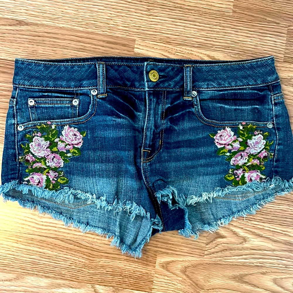 AEO Embroidered Flower Jean Shorts